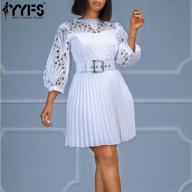 YYFS Women's Fashion Summer Spring Solid Color Print Short Sleeve O-Neck High Waist Casual Dresses