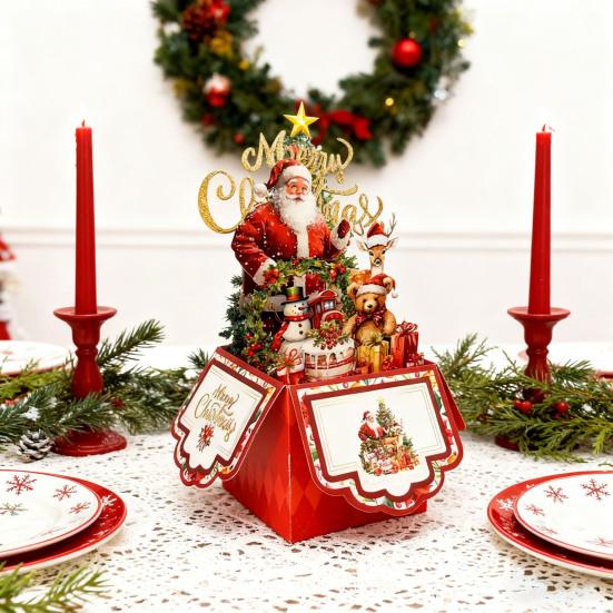 Christmas Pop Up Card 3D Folding Greeting Cards Funny Santa Snowman Bear Holiday Gift Card for Xmas Party Favors