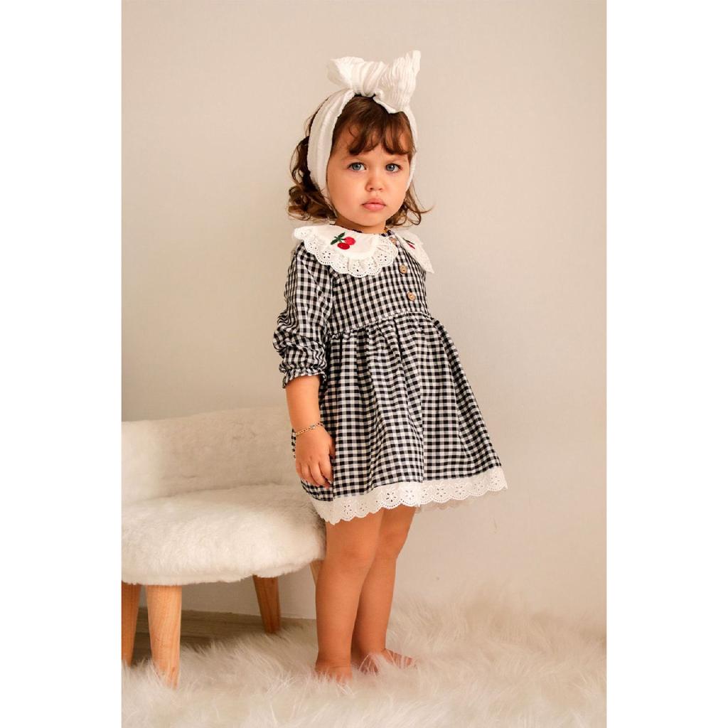 Baby Girl Red White Gingham Cherry Embroidered Ruffle Collar Dress