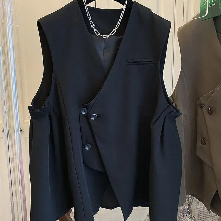 Женский весенне-осенний свободный повседневный костюм в корейском стиле, жилетного дизайна, уникальная верхняя одежда