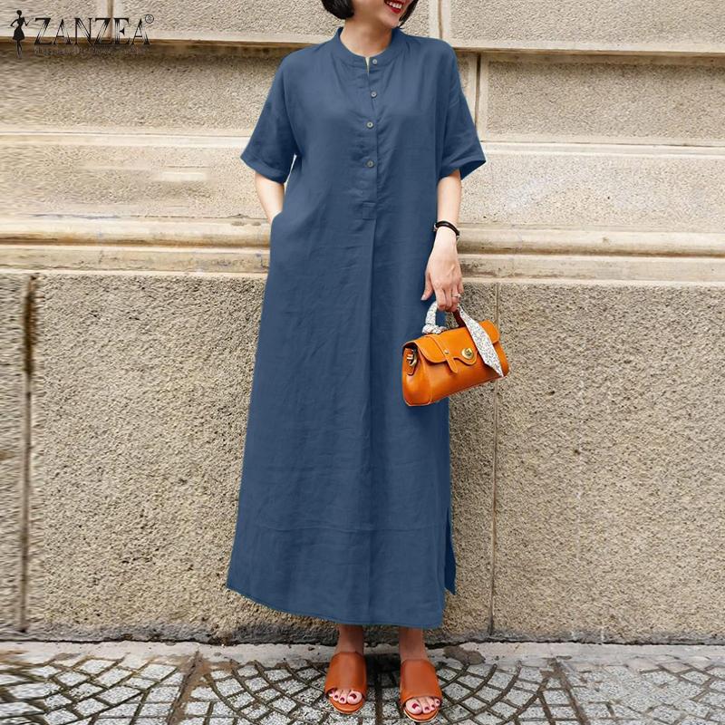 ZANZEA Женское повседневное летнее платье с воротником-стойкой и коротким рукавом
