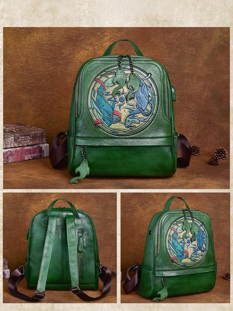 Johnature Винтажный рюкзак из натуральной яловой кожи, женская сумка с тиснением ручной работы, большая вместительность для отдыха, дорожные рюкзаки из натуральной яловой кожи