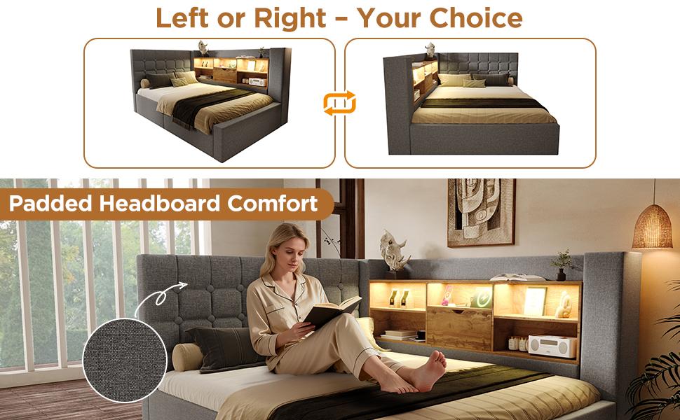 Upholstered Double Bed 140x200 cm, LED Lighting, Hydraulic Storage, L-Shaped Headboard Storage, Both Sides, Slatted, Linen, Grey (With Mattress)