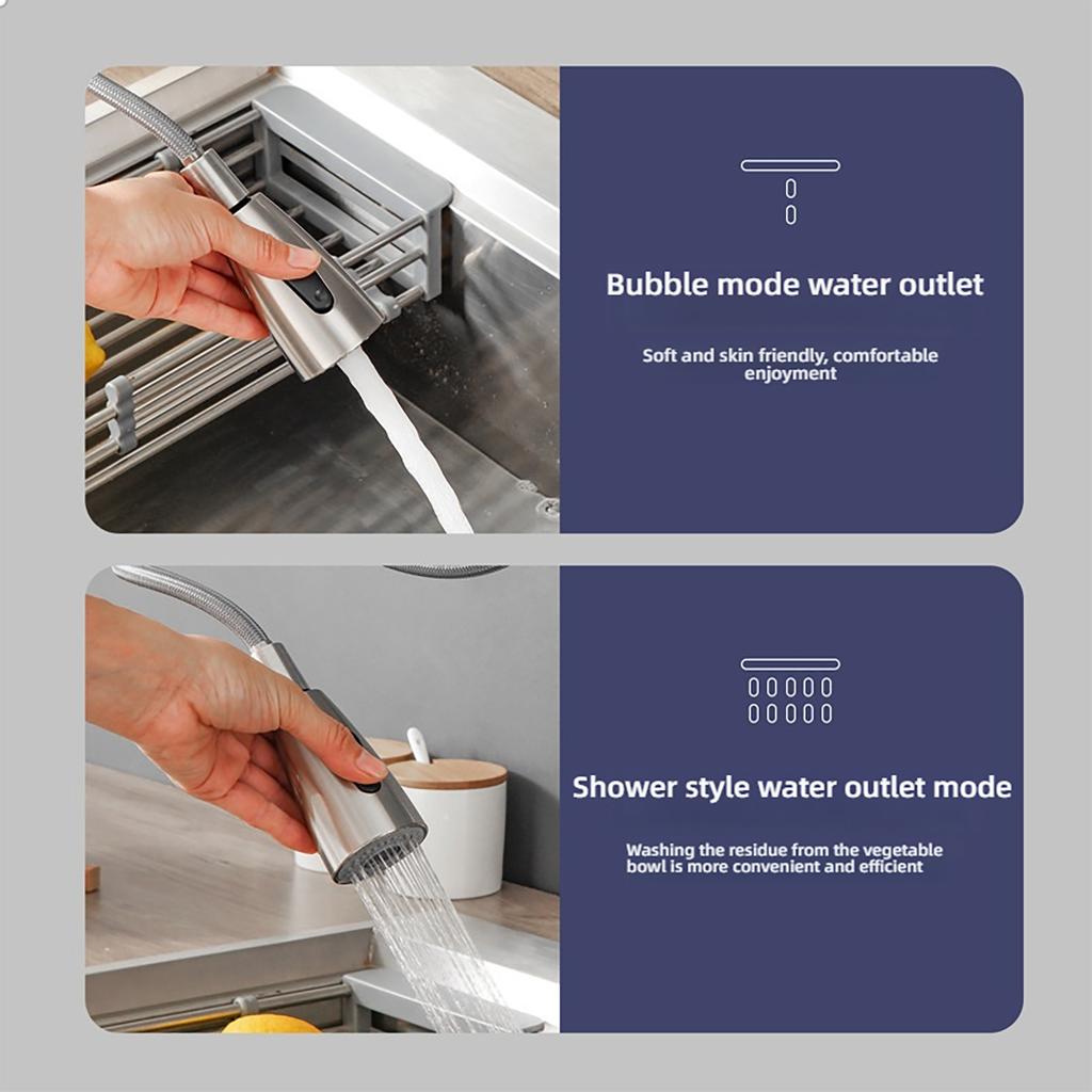 Stainless Steel Pull-out Kitchen Faucet with 360° Rotating Bubbling Water + Shower Dual Outlet Mode (brushed/black Available)