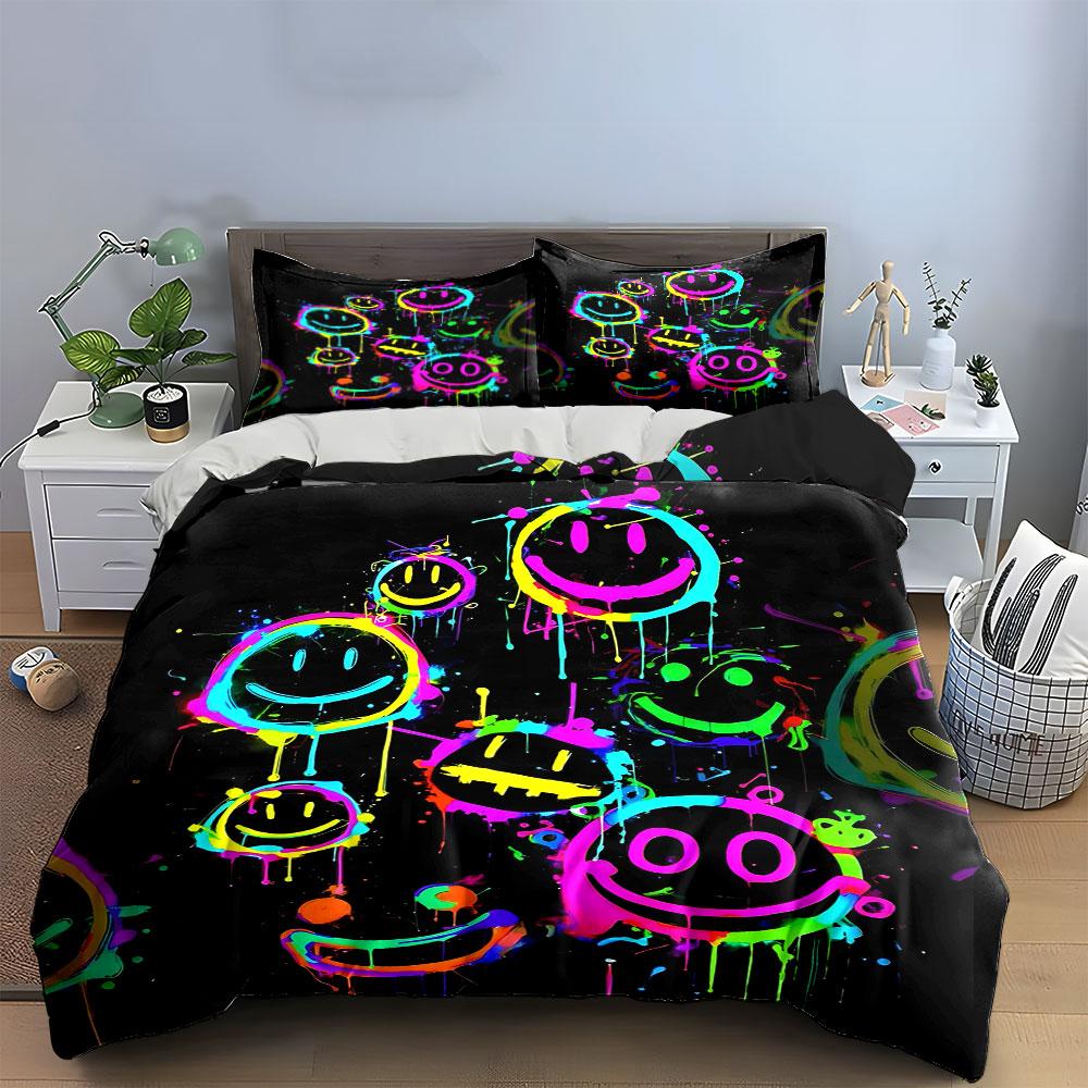 Colorful Neon Smiley Faces Pattern Bedding Duvet Cover Set (1*Duvet Cover 2*Pillowcases, without duvet insert)