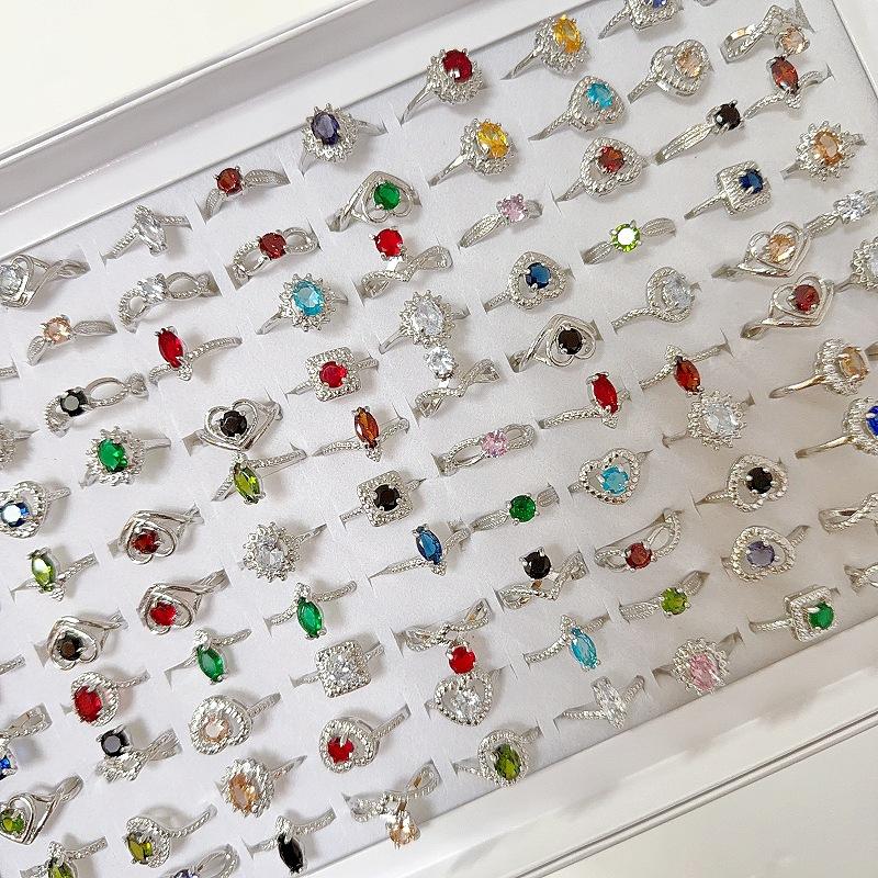 10Pcs Fashion trend four-claw zirconia ring, women's colored alloy ring, retro crystal ring