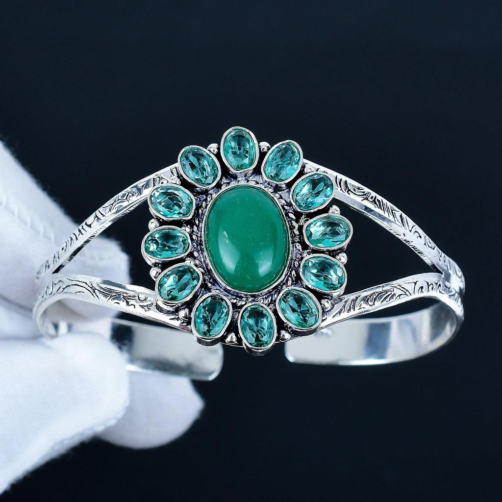 Браслет-манжета из зеленого оникса ручной работы, браслет-манжета из стерлингового серебра 925 пробы, браслет в форме цветка индиголита для жены, унисекс, подарок жене