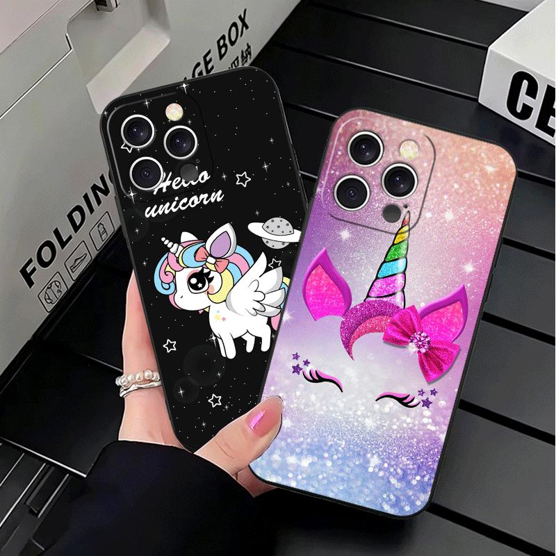 Pink Unicorn Rainbow Soft Phone Case for iPhone 16 16E 17 Air 15 Pro Max 14 Plus 13 Mini 11 12 7 Black Cover Back Shell