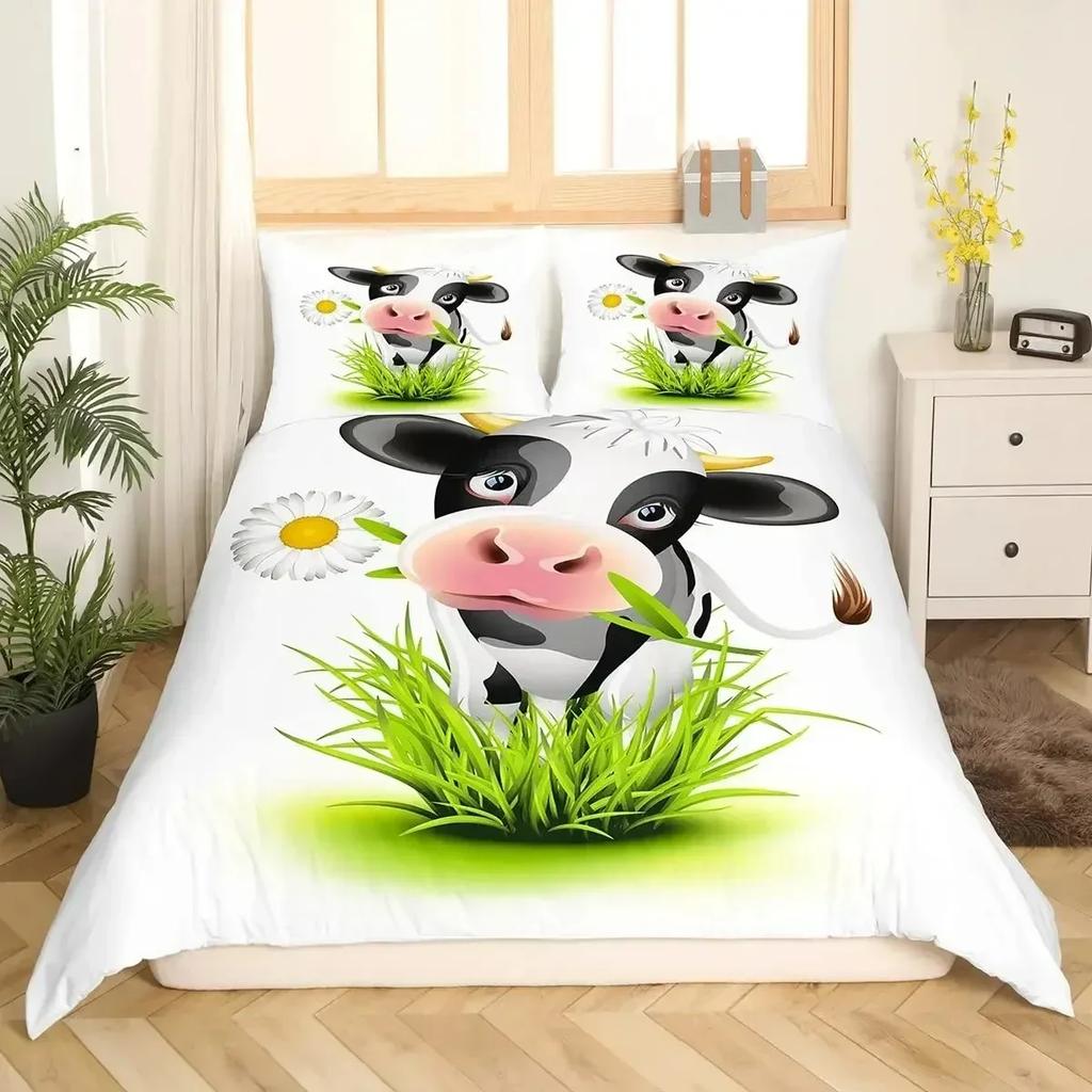 Top Milk Cow Duvet Cover King Queen Size Cute Cartoon Cows Bedding Set For Kids Farmhouse Rustic Animal Polyester Quilt Cover
