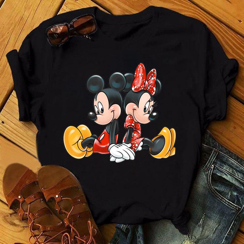 Unisex Mickey and Minnie Print T-shirt Casual Round Neck Short Sleeves T Shirt Summer Casual Clothing Top Black Tee