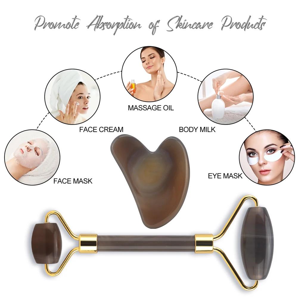 Newest Gray Agate Face Massage Tool Set Jade Roller Gua Sha Board Facial Skin Lifting Anti-Aging Beauty Face Roller Puffy Eyes