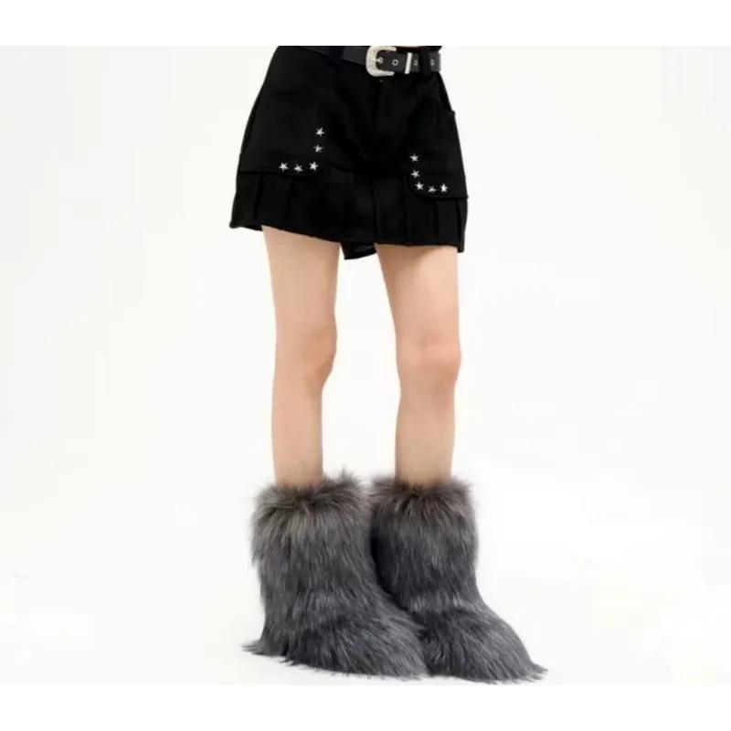 2025 зимние женские пушистые шорты из искусственного меха лисы, удобные плюшевые теплые женские зимние сапоги, роскошная модная обувь для девочек из меха