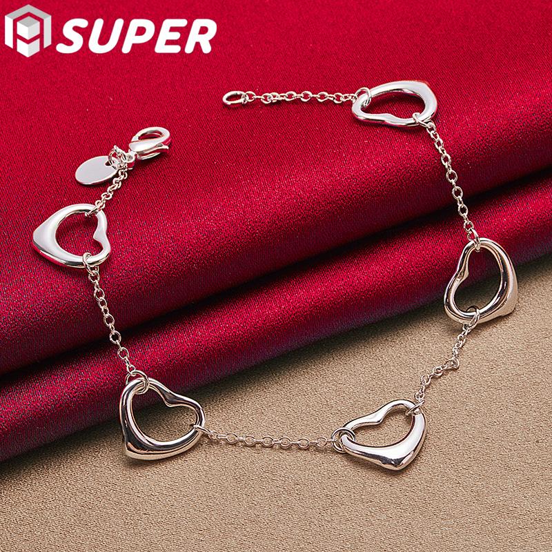 925 Sterling Silver Five Heart Chain Bracelet Jewelry