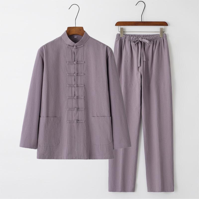 Men's Chinese Style Long-Sleeve Tang Suit Set with Frog Buttons - Retro Tea & Tai Chi Two-Piece