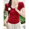 Red Low-neck Collarbone-exposed Short-sleeved T-shirt for Women In Summer New Style Tight-fitting Slimming Sexy Pure Lust Temperament Versatile Top