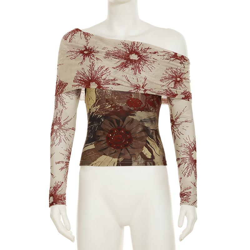 Растительный ретро сетчатый пэчворк одно плечо короткий топ сексуальный контрастный цвет приталенный крой длинный рукав рубашка для пикантных девушек футболки женские