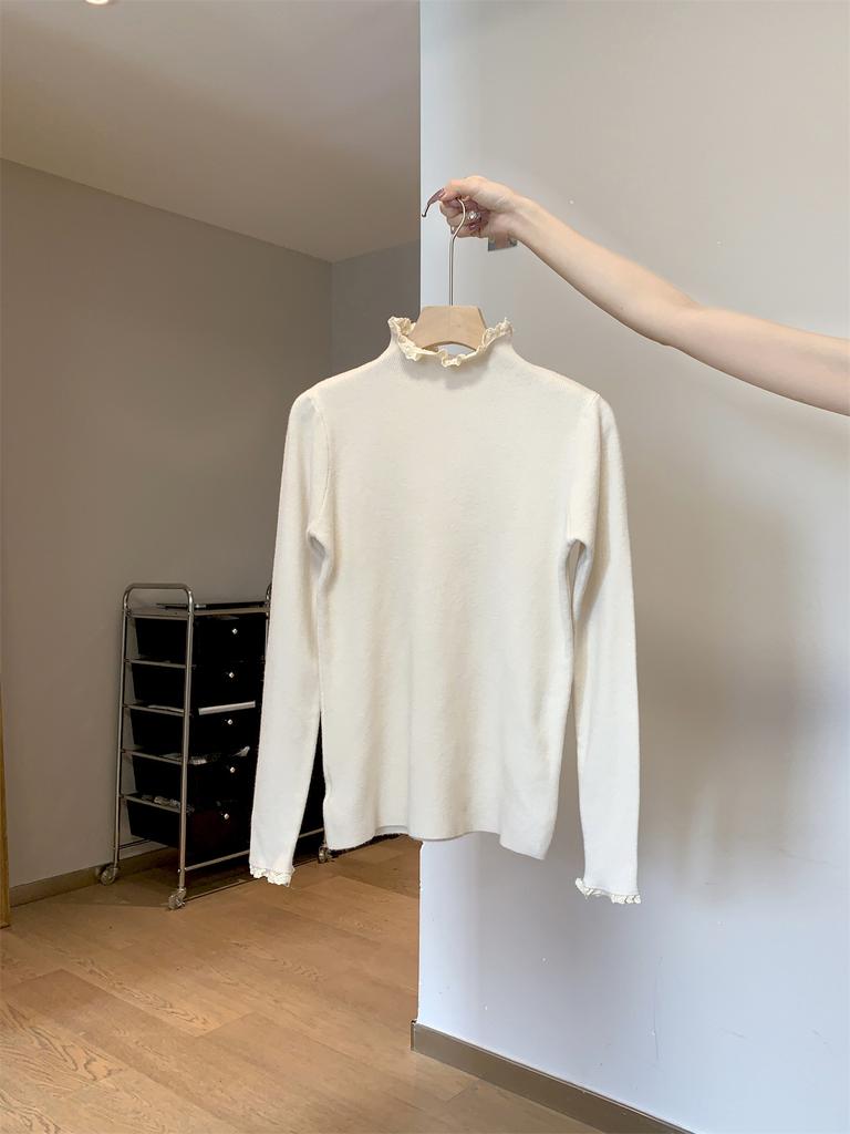 Девичий розовый трикотажный свитер с полувысоким воротом женский осенне-зимний кружевной внутри многослойный топ с длинными рукавами базовая рубашка