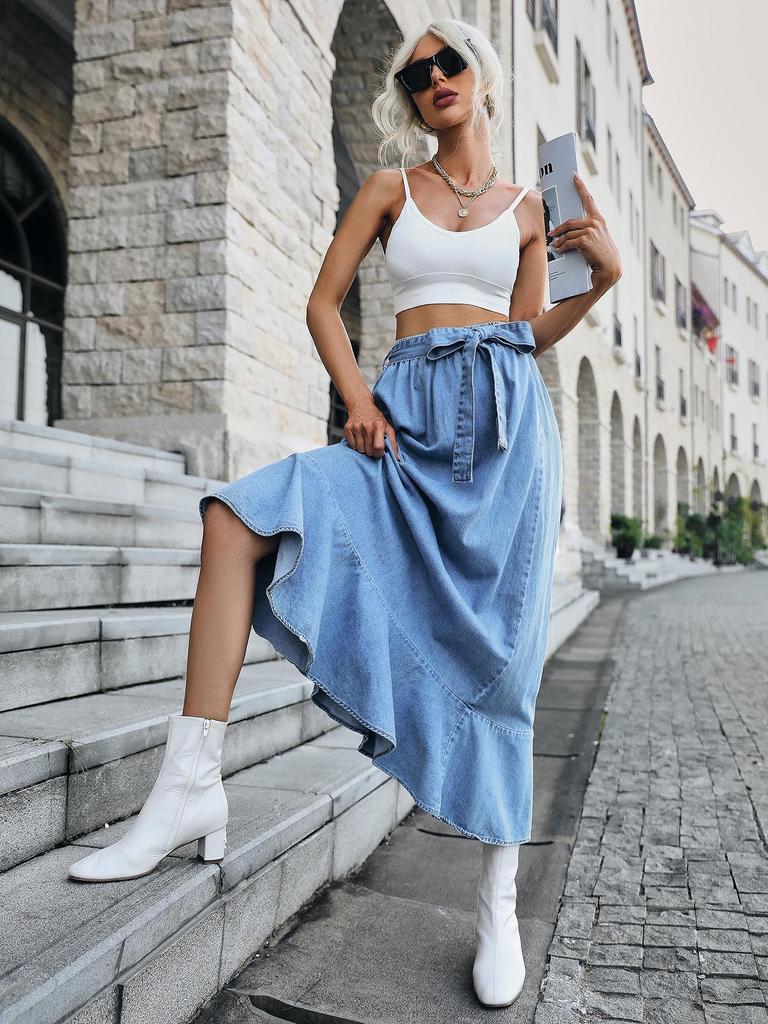 Джинсовая миди-юбка с высокой талией и оборками для женщин