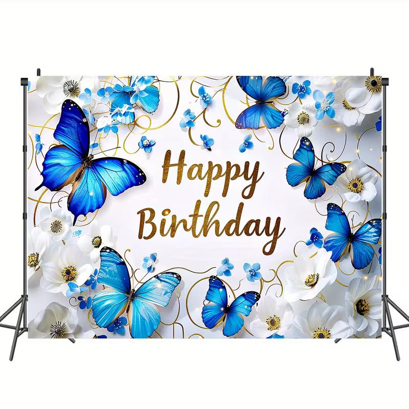 2D Butterfly Happy Birthday Backdrop, Blue & Gold Floral Banner, Kids Birthday Party Photography Decor