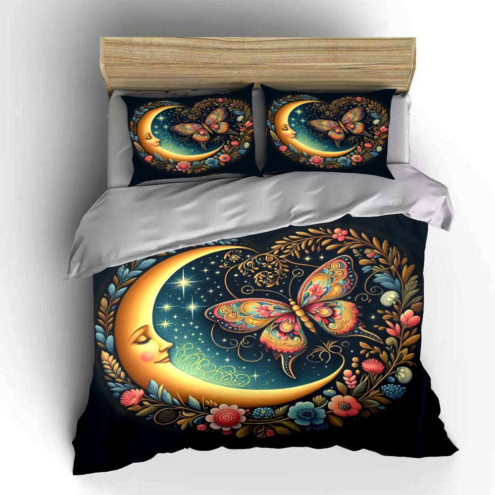 "Butterfly Moon Floral Decor Set" Bedding Set with 1 Duvet Cover 2 Pillowcases Single Double King Queen, Gift