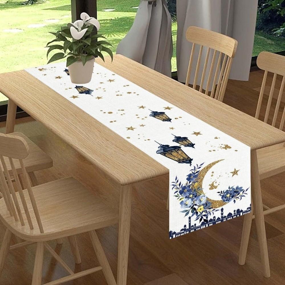 Thickened Ramadan Table Runner Vintage Decorative Star Moon Tablecloth Castle Lantern Pattern Islamic Table Runner