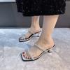 2025 Summer New Square Head with Rhinestone Temperament French Fine Heel Versatile Comfortable High Heel Cool Slippers