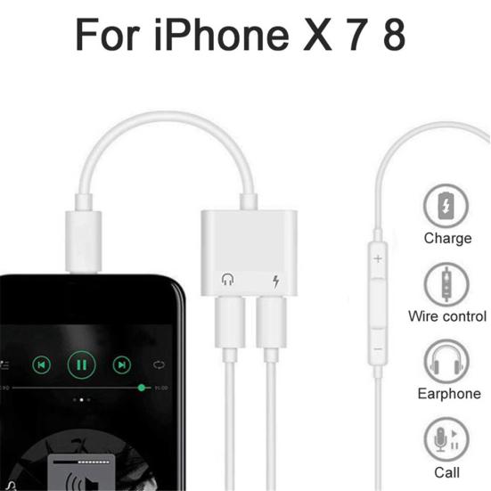 Адаптер-разветвитель 2 в 1 с разъемом 3,5 мм и кабелем для зарядки для iPhone X/8/7