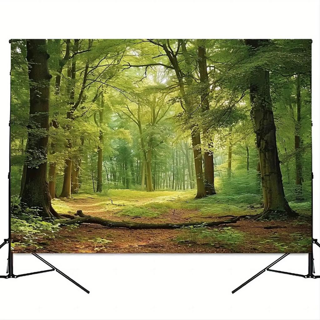 Realistic green forest photo background with sunlight bathing the trees - suitable for weddings birthdays and camping parties