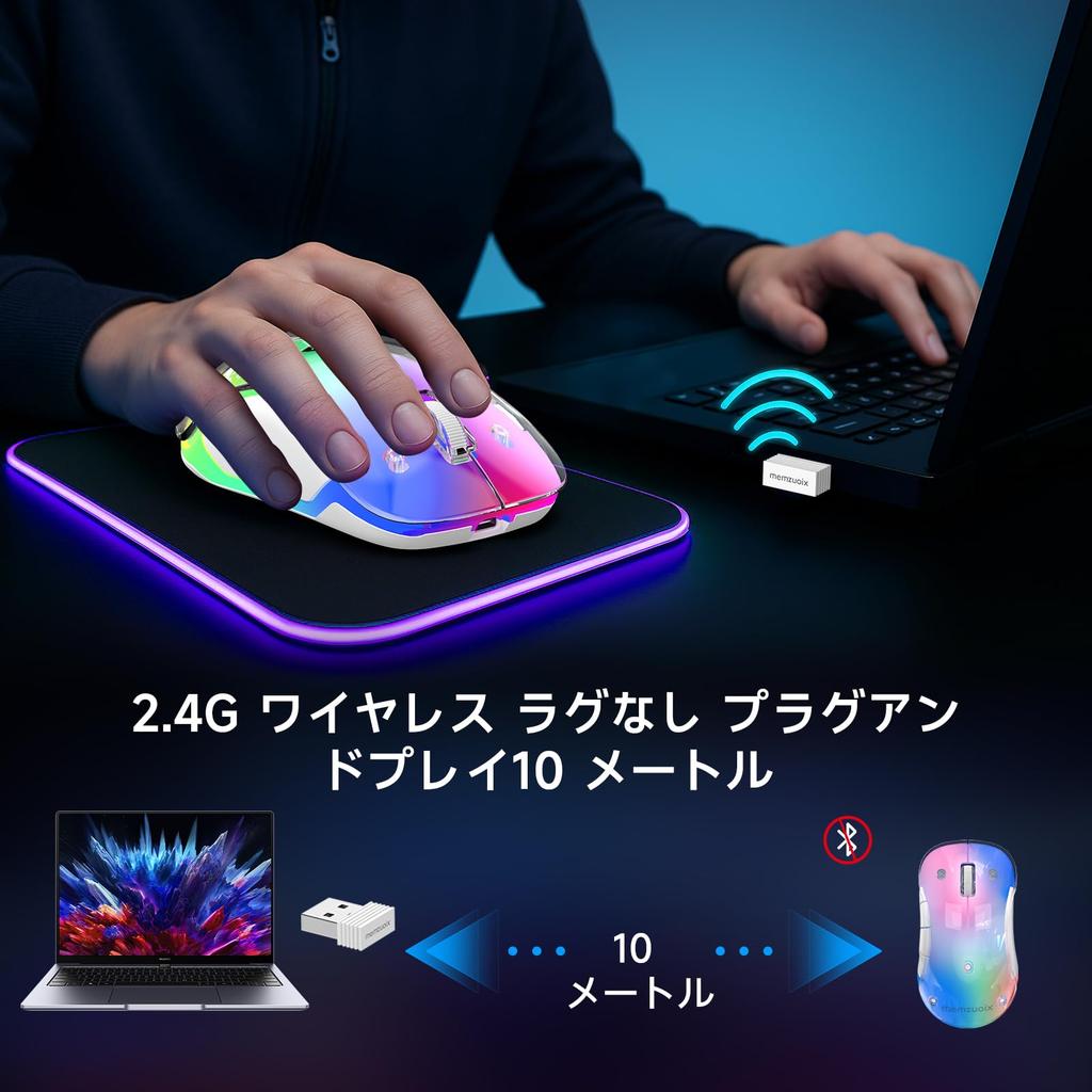Memzuoix Беспроводная мышь с RGB 1200 5 USB-приемник Совместимая с Blue 2.4G LED, Перезаряжаемая, Эргономичная, DPI, Оптическая, Кнопки, Портативная,