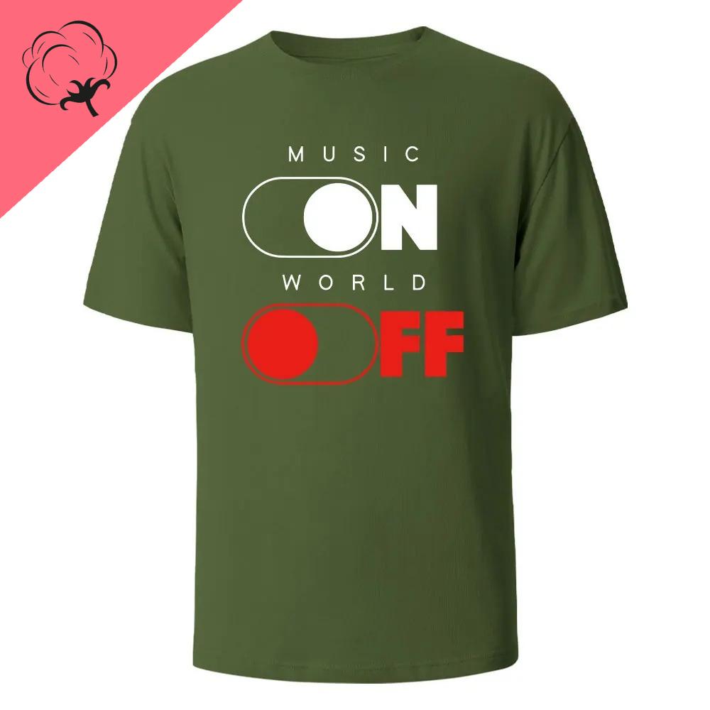 Хлопковая футболка с принтом 'Music on World Off' Дышащая и удобная Летняя Повседневная С круглым вырезом Мужская одежда