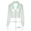 2022 Women Feather Fur Mesh Lace Up Backless Long Sleeve Cut Out Shirt Slim Sexy Party Club Streetwear Summer Y2K Crop Top