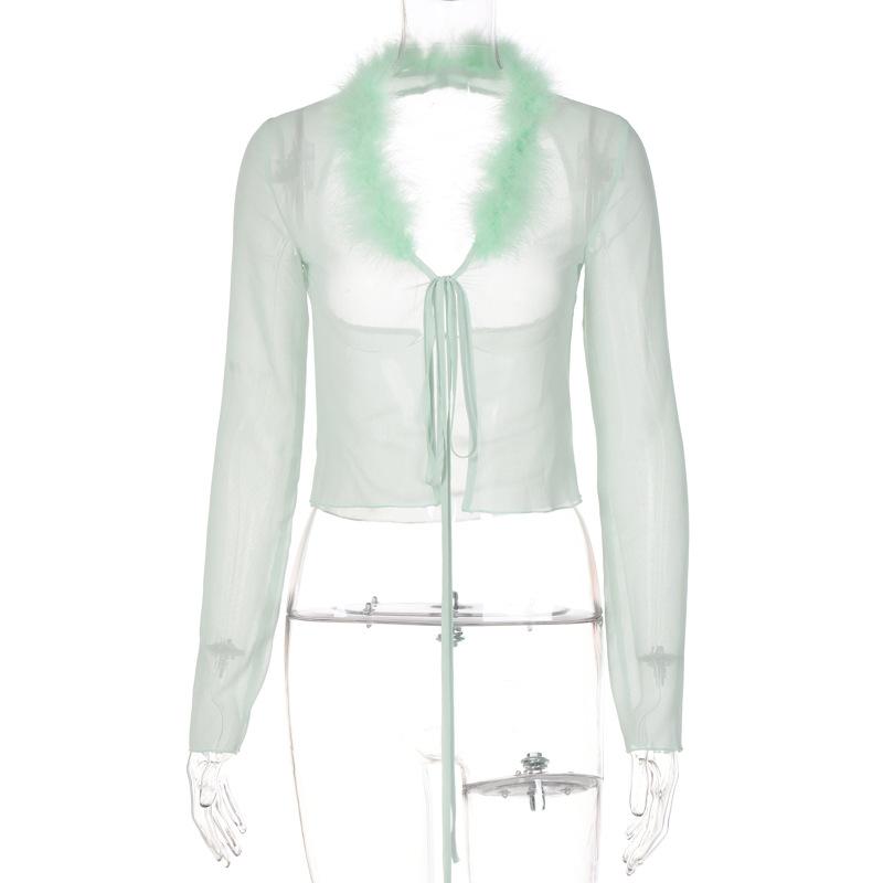 2022 Women Feather Fur Mesh Lace Up Backless Long Sleeve Cut Out Shirt Slim Sexy Party Club Streetwear Summer Y2K Crop Top