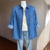 Womens Blue Denim Shirt Loose Fit Oversized Cotton Blend Top Retro Style POLO Collar Long Sleeve