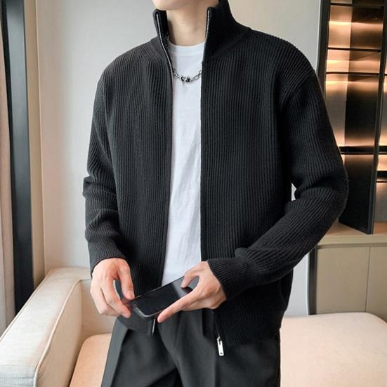 Мужской свитер, пальто, застежка-молния, трикотаж, эластичный, с длинными рукавами, воротником-стойкой, верхняя одежда, однотонный повседневный кардиган, повседневная школьная куртка средней длины