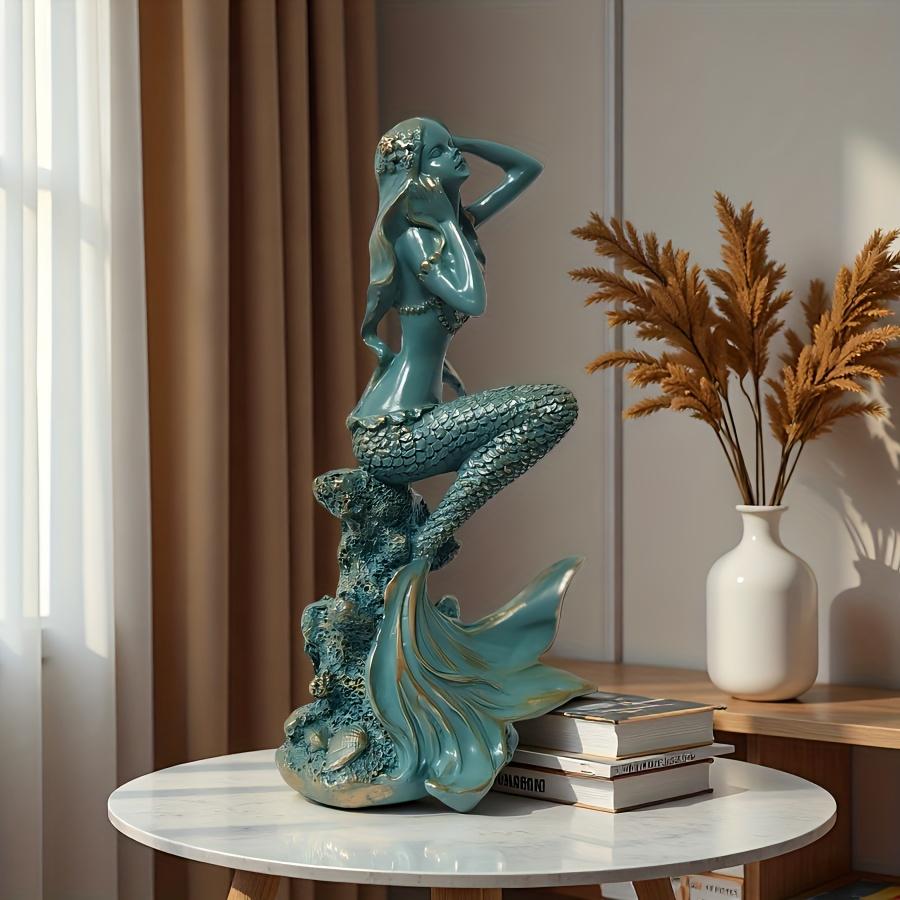 Cute retro turquoise mermaid resin statue suitable for home offices or bookshelves, ideal for decoration and a perfect gift for holidays and