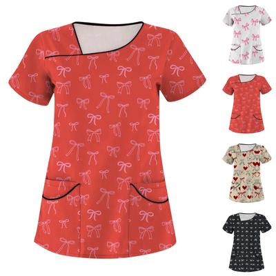 Женская мода с бантом и принтом, короткий рукав, рабочая одежда с двойными карманами