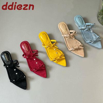 Модная Новая Обувь Остроносые Женские Клиновидные Шлепанцы Женские Слайды Модные Шлепанцы на Каблуке с Бантом-Бабочкой Женские Сандалии Туфли Лодочки