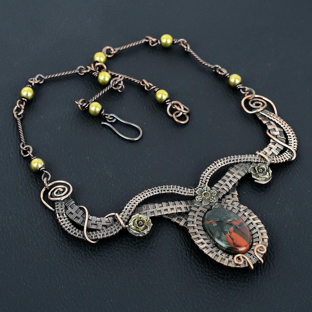 Bloodstone Necklace, 999 Copper Wire Wrapped Jewelry, Gemstone Jewelry Adjustable Chain Necklace, Handmade Wedding Gift Jewelry