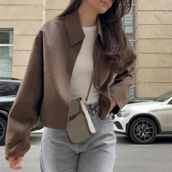 Женская шерстяная куртка на молнии, с длинными рукавами и лацканами, короткое пальто-бушлат, повседневная осенне-весенняя верхняя одежда с карманами