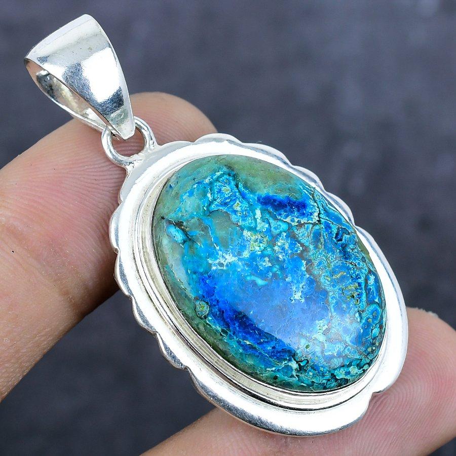 Хризоколла Драгоценный камень Ручная работа 925 Стерлинговое серебро Ювелирный кулон 2,01" I3w46