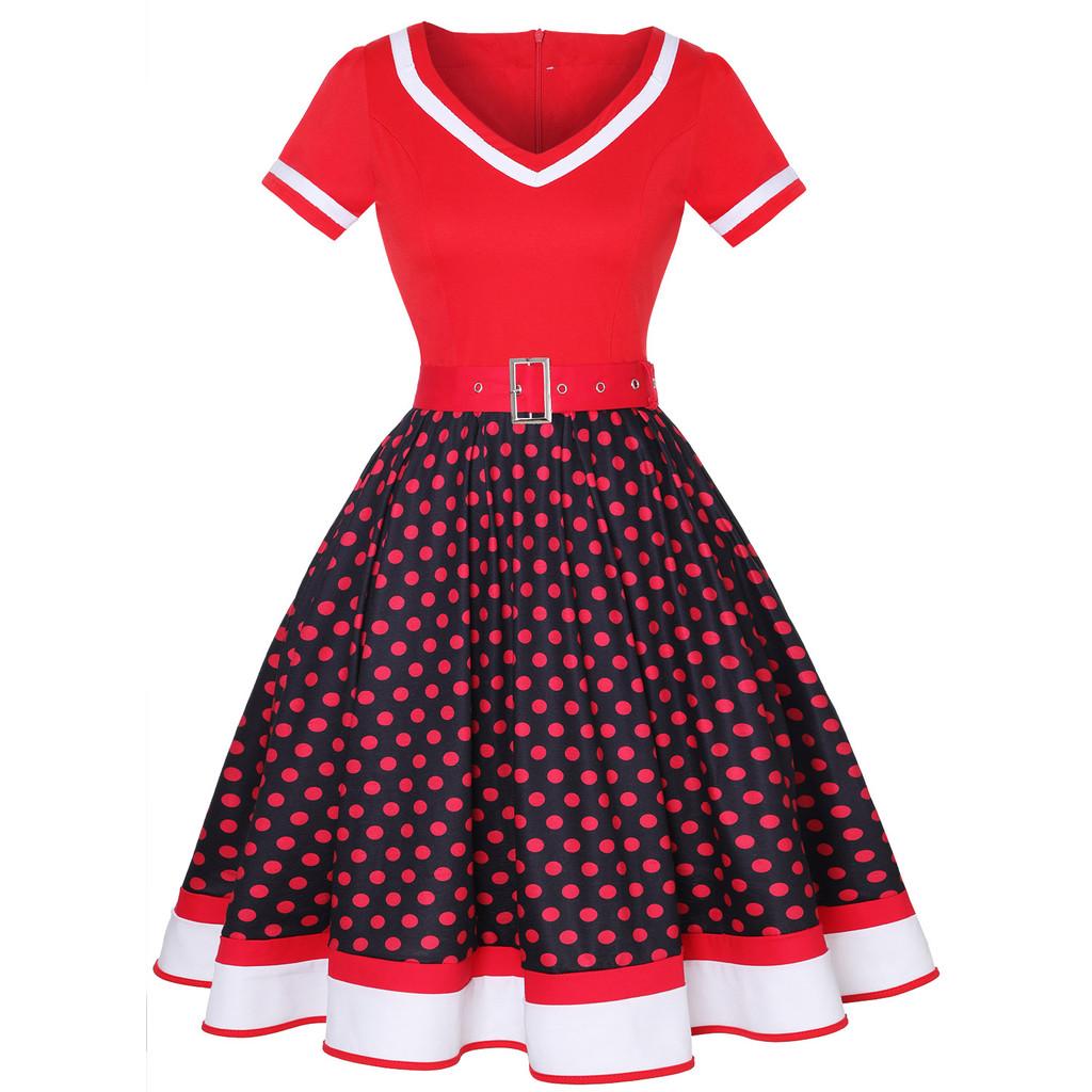 Vintage Polka Dot V Neck Maxi Dress With Piping For Evening Wear