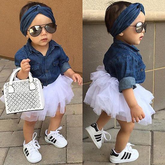 Kids Baby Girl Denim Shirt Clothes+Lace Tulle Skirts Dress Headband Outfits Set