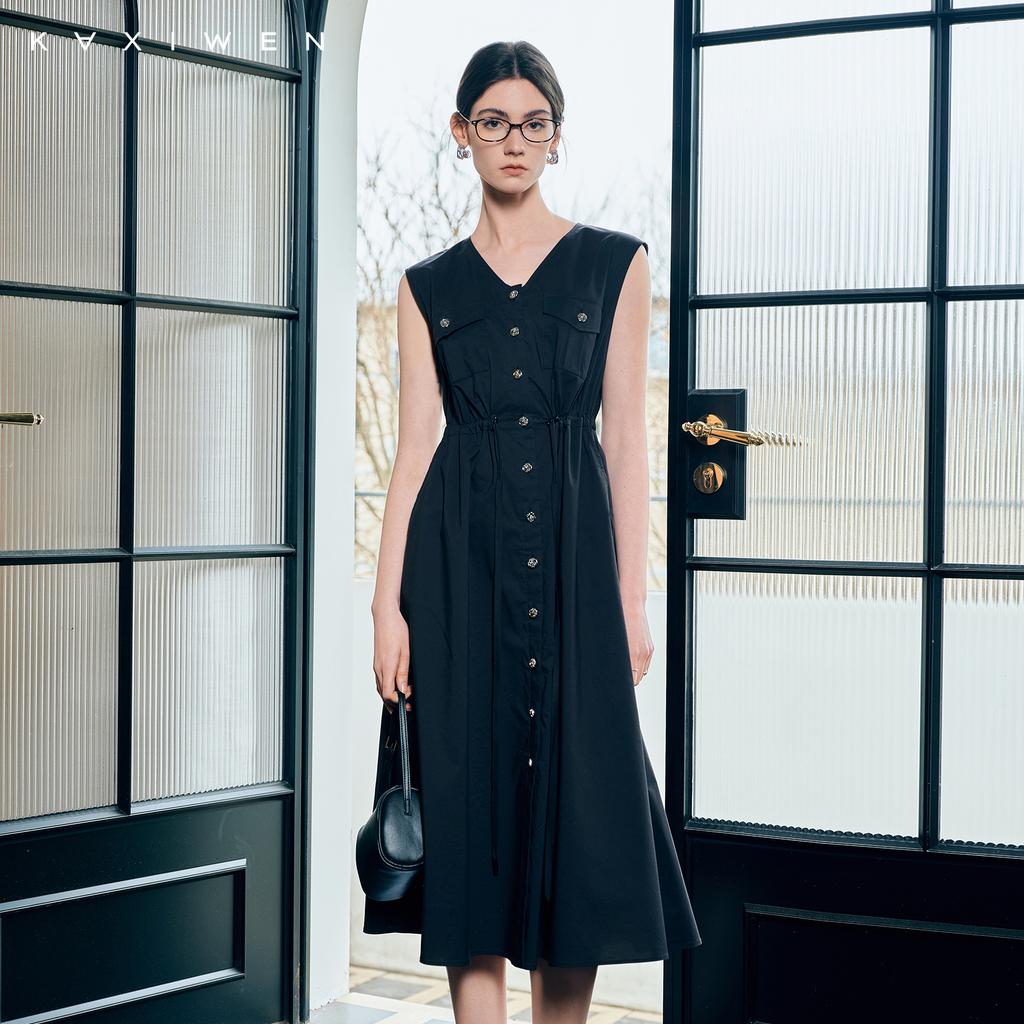 V-neck age reducing drawstring dress
