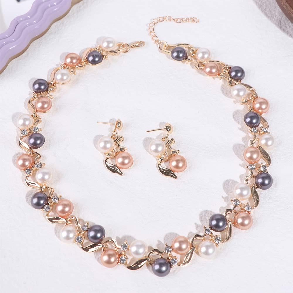 Fashion Elegant Pearl Necklace Leaf Rhinestone Colorful Pearl Necklace Women Jewelry Dangle Earrings Necklace Earrings Set Party