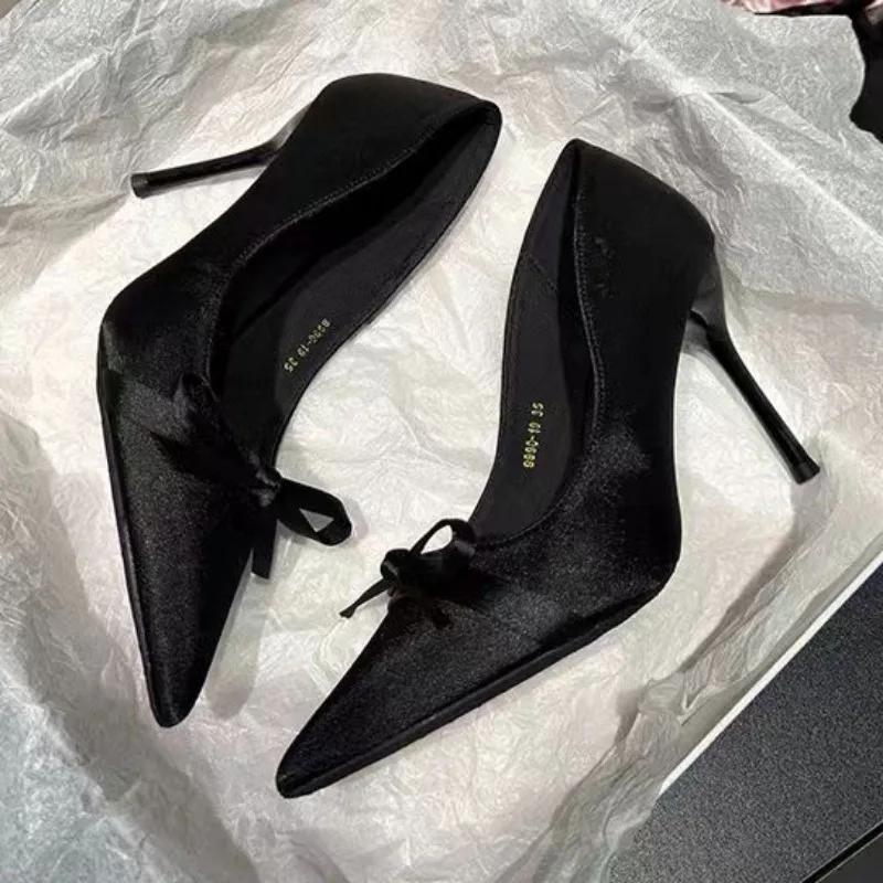 Женская Мода Туфли на Тонком Каблуке Весна Новые Острый Носок Мелкий Вырез Бант-Бабочка Противоскользящие Износостойкие Высокие Каблуки