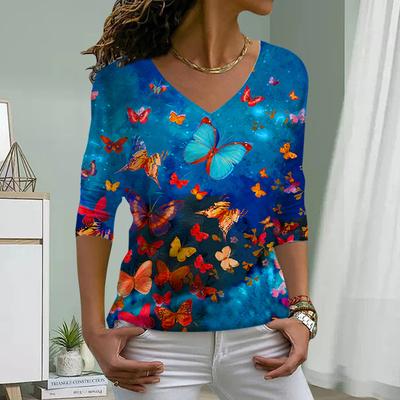 Подводные бабочки Принт Женские футболки Женские топы Длинные рукава V-образный вырез Пуловер Femme Футболки Футболка для женщин