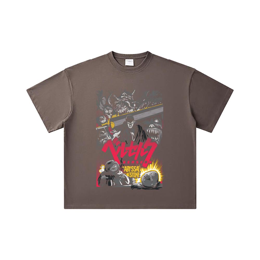 260 GSM Double Yarn 32 Count 100% Cotton Berserk V3 Abyssal Stone Print Unisex Heavy Cotton T Shirt