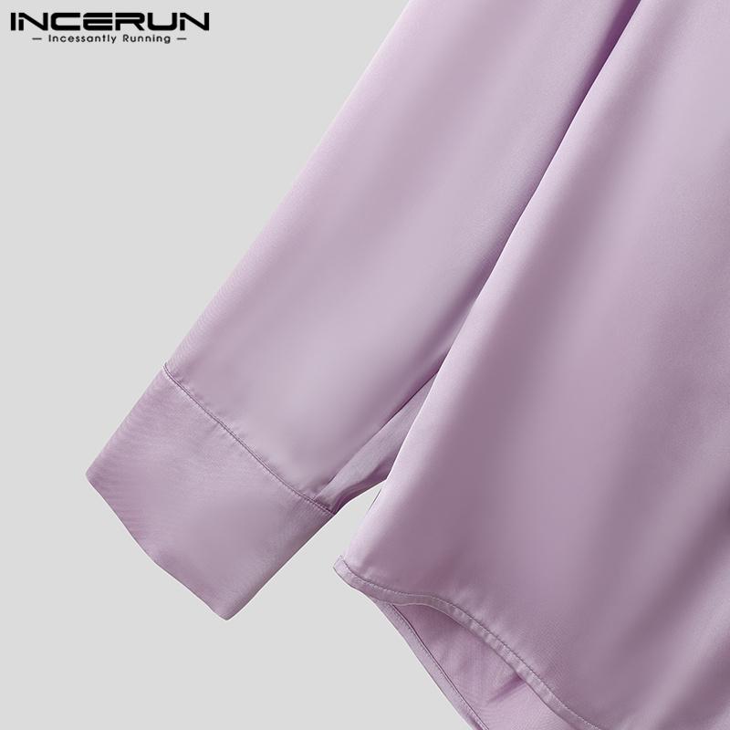 INCERUN Men High Neck Tie Up Ruffled Solid Shirts Casual Long Sleeve Tops