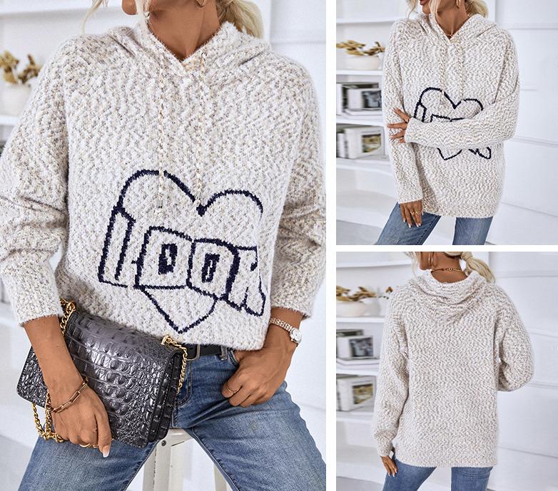 ZIMOXUAN Женский вязаный свитер с капюшоном и шнурком, вышивкой букв и длинными рукавами для повседневной носки