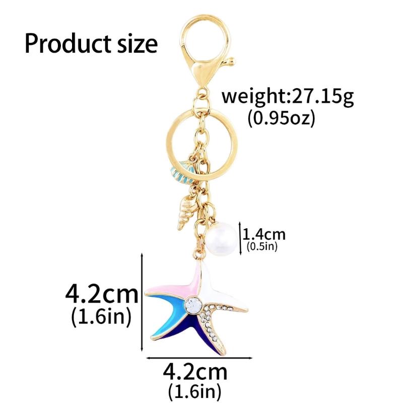 Jewelry Charm Keychain Rhinestones Encrusted Starfish and Conch Shell Pendant Keyring Handbag Accessories for Women